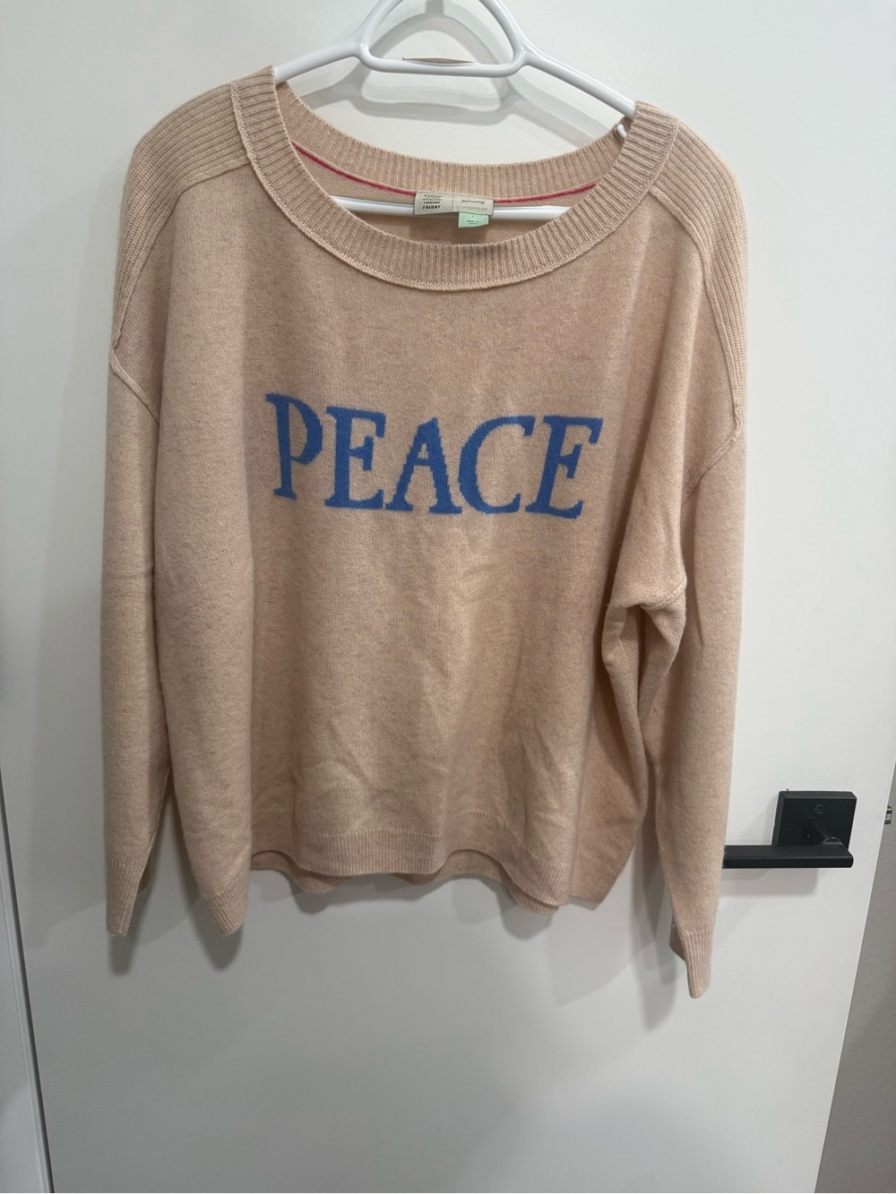 Saturday Sunday Anthropologie Knit Sweater, Peace Graphic, Beige Blue, L - Picture 2 of 4